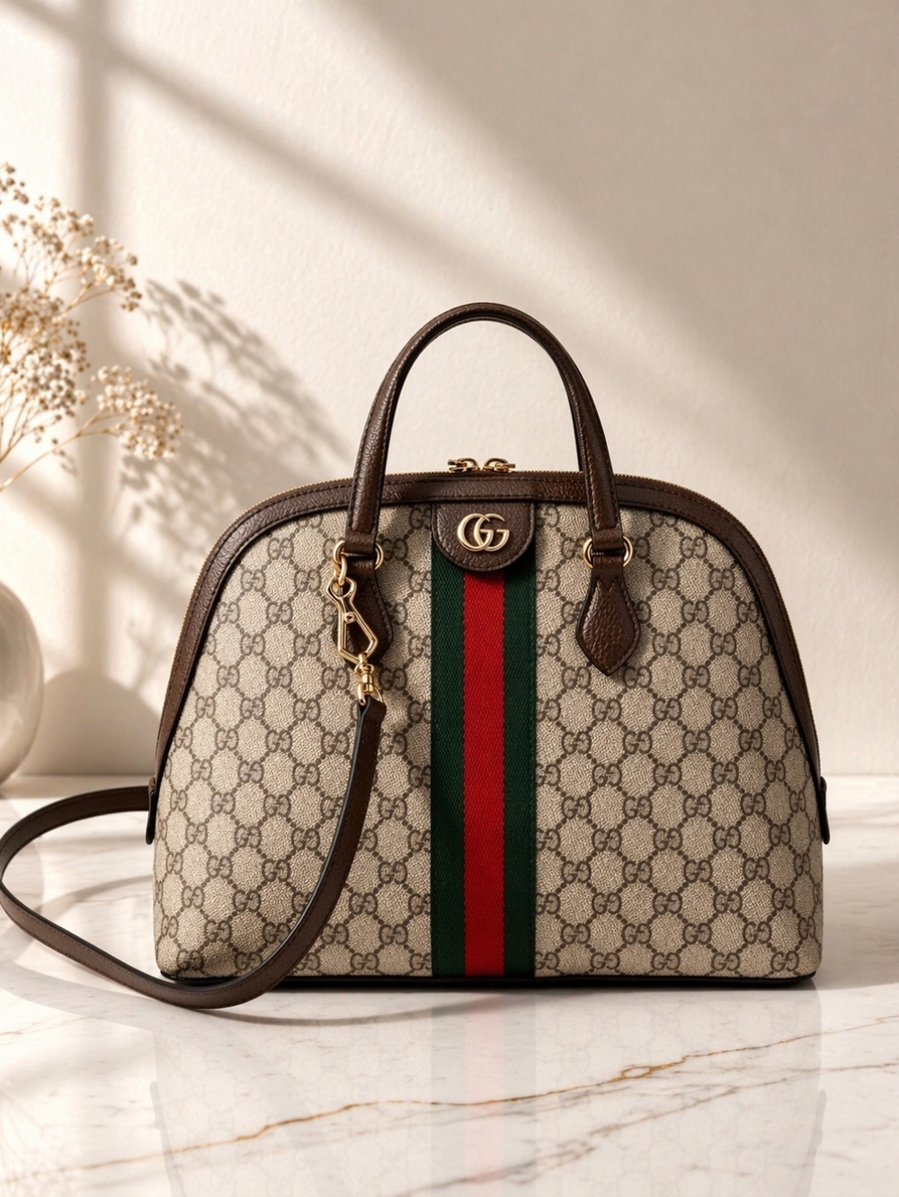 Authentic Gucci Ophidia GG Supreme Dome Web Stripe Top Handle Crossbody Bag